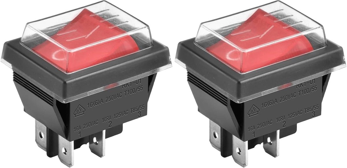 Aan-uit tuimelschakelaar, DPDT, 4 polen, 16 A, 250 V (AC), rood oplichtend, met waterdichte afdekking (2)
