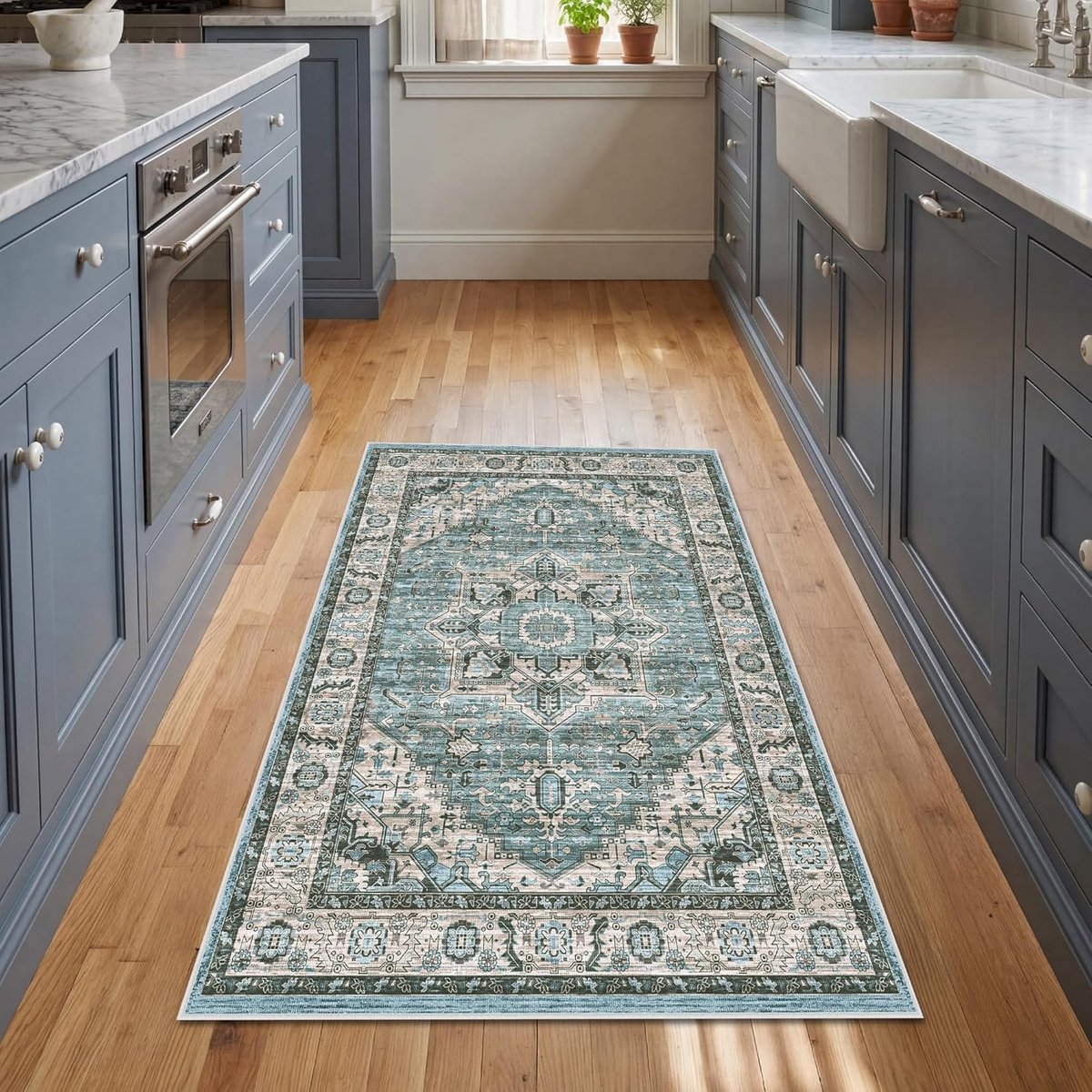 Vintage vloerkleed 80 x 150 cm - Wasbaar blauw - Korte pool - Perfect voor woonkamer - ShopVlot