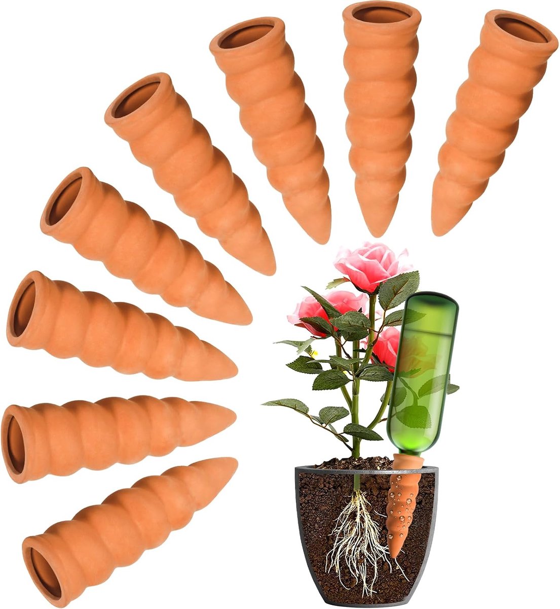 Waterconen set van 8 - terracotta - voor 1,5 L PET flessen - ideaal voor binnenplanten en balkonbakken - ShopVlot