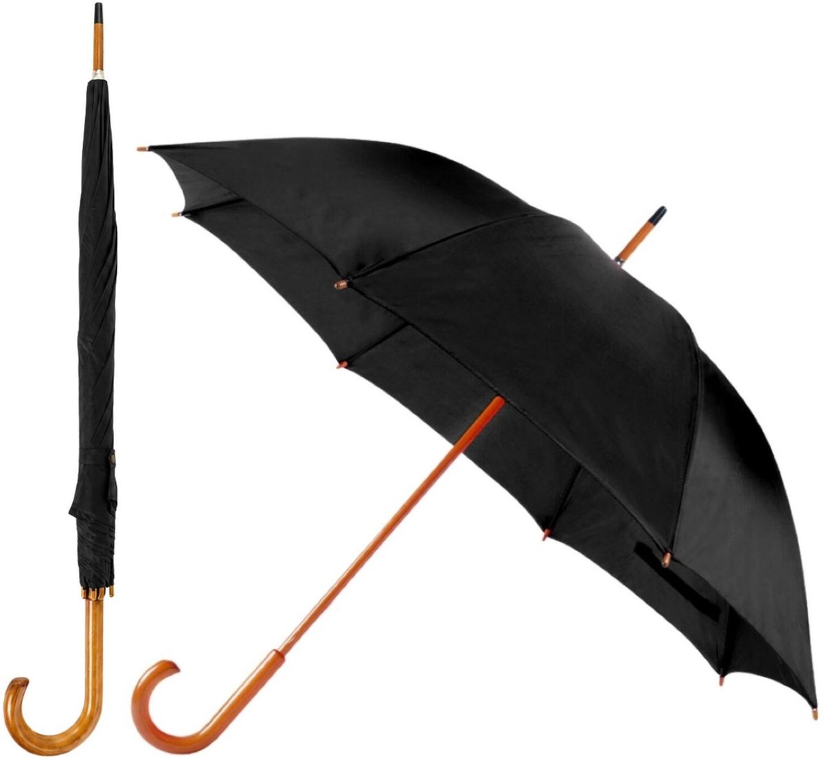 Bellatio Design Paraplu Dryfeet - 2x - zwart - dia 105 cm - 85 cm lang - 8 panels - regen - polyester/hout - Classic model