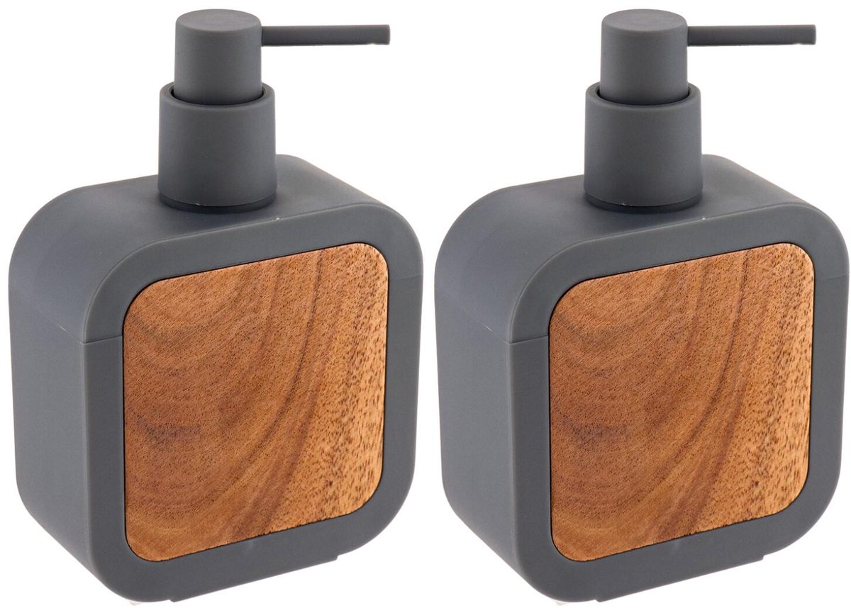 Tendance zeeppomp / zeepdispenser Aspen - 2x - grijs - 350ml - vierkant - rubber/acacia hout