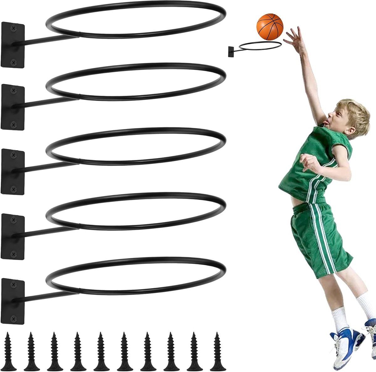 Ballhouder 5-delig zwart metaal - wandmontage - voor sportballen - stevige opslagoplossing - ShopVlot