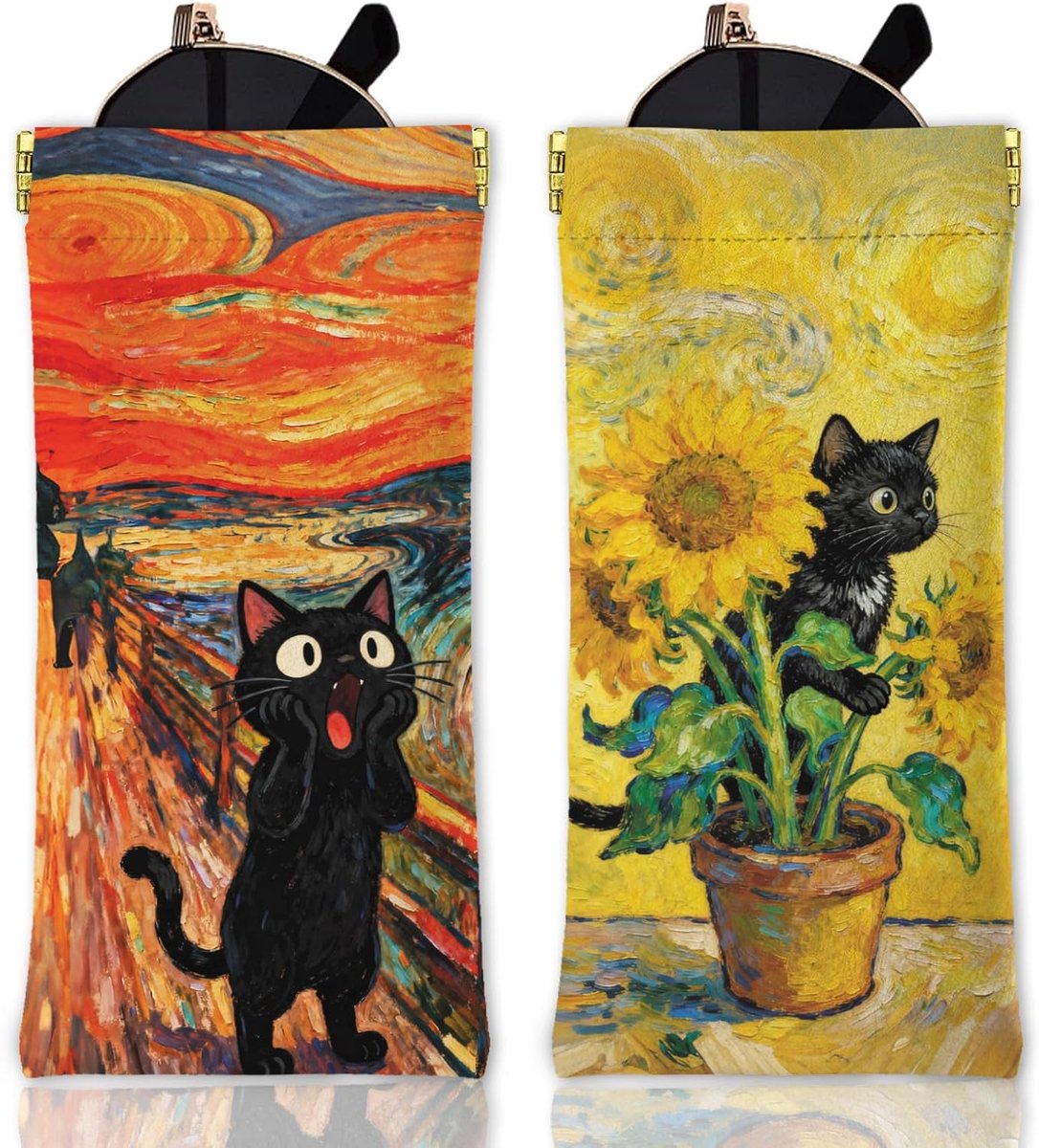 2 x brillenzakje met katten- en zonnebloemmotief, zacht en schattig, met drukdeksel, ideaal voor reizen (dames/heren).