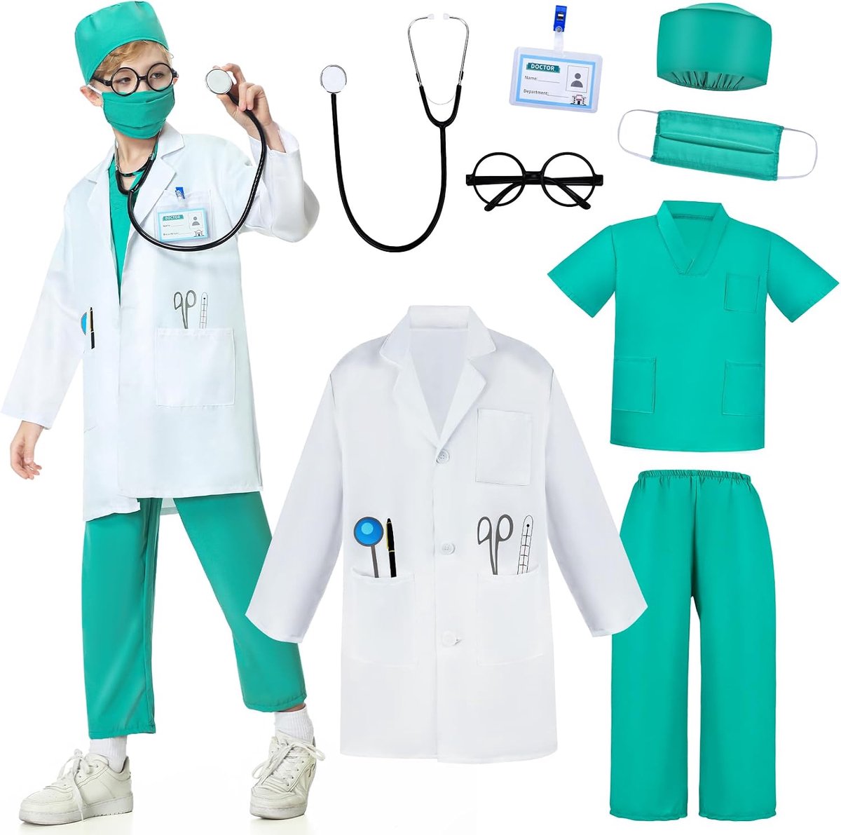 Dokterskostuum voor kinderen, dokterskostuum voor kinderen, dokterskostuum, doktersset, chirurgiskostuum met stethoscoop voor cosplay, carnaval