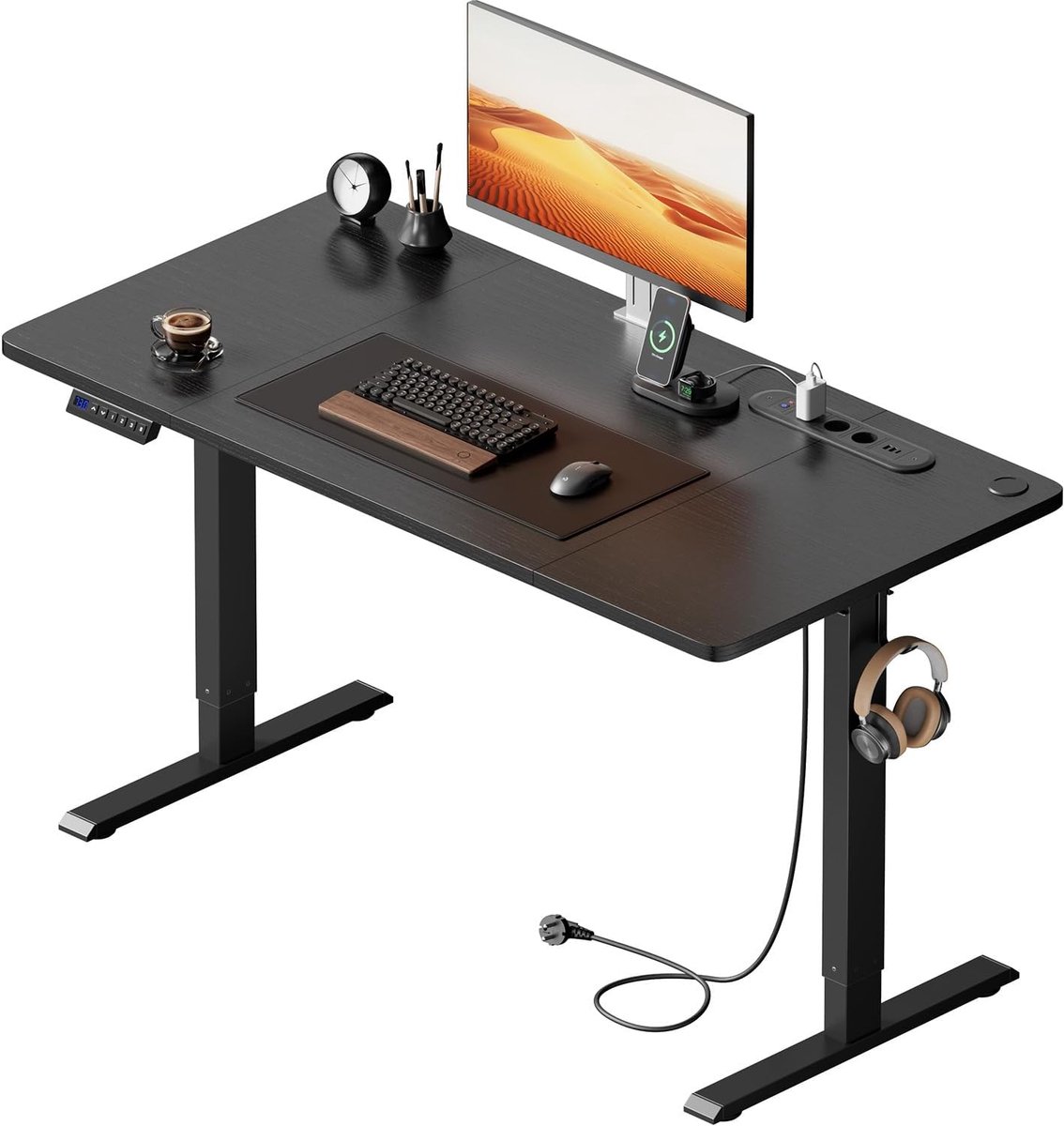 Elektrisch in Hoogte Verstelbaar Bureau 120 x 60 cm, Sta-bureau met Geïntegreerd Stopcontact en USB-poort, Gamingbureau met 3 Geheugenfunctie, Standing Desk Zwart