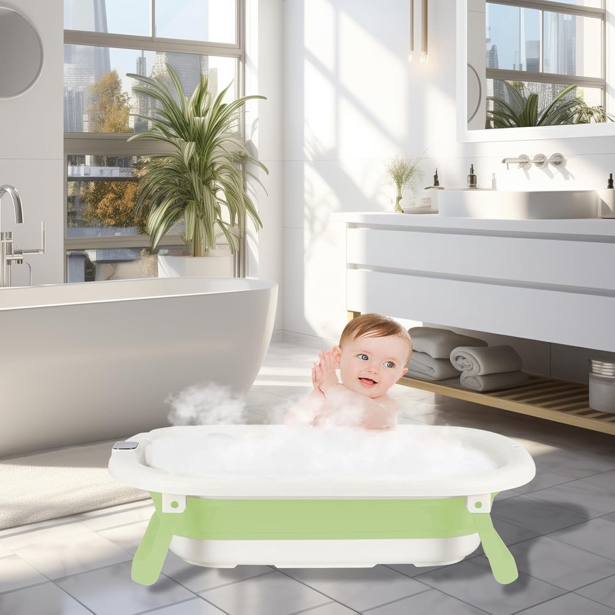 Kinderbad van PP + PTE antislip opvouwbare badkuip voor baby's, ruimtebesparende badkuip voor pasgeborenen, A-43 x 71 x 18,5 cm (groen)