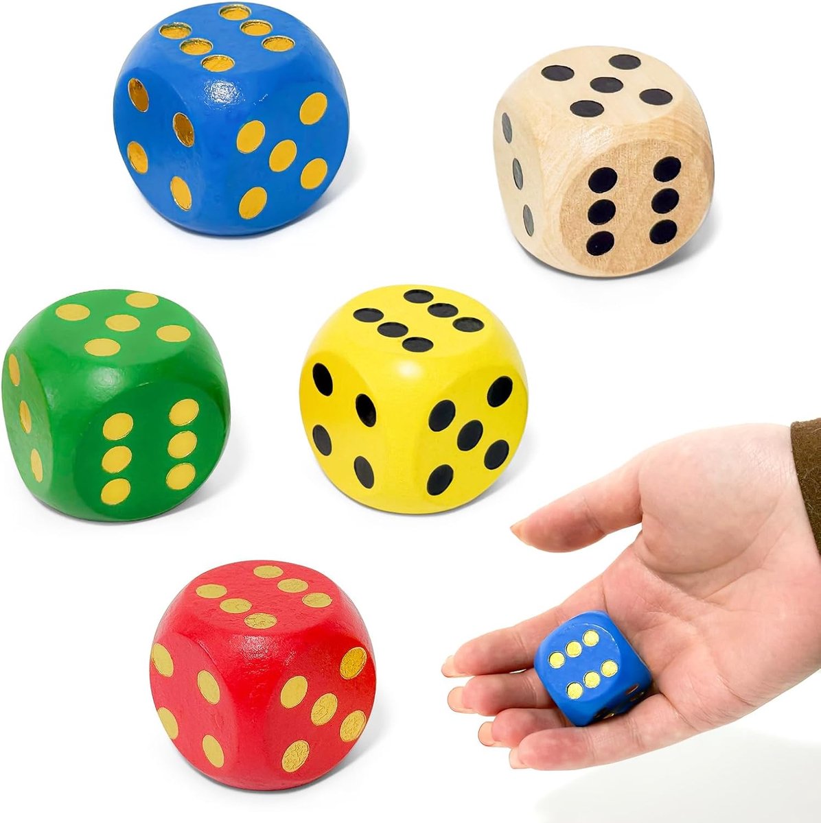 5 stuks grote dobbelstenen, 30mm natuurlijk houten speldobbelstenen, houten kleurrijke dobbelstenen, dobbelspel Kniffel houten dobbelstenen voor bordspellen thuis feestspel wiskunde, 5
