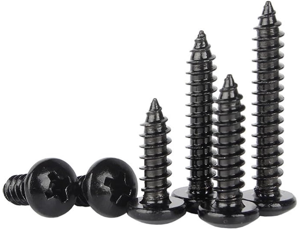 staal 304 Kruis Rond hoofd Zelftappende Houtschroeven | Geplateerd Zwart Zink Pan hoofd Puntige staart Zelfborende schroeven M4 x 16mm 50 Pcs