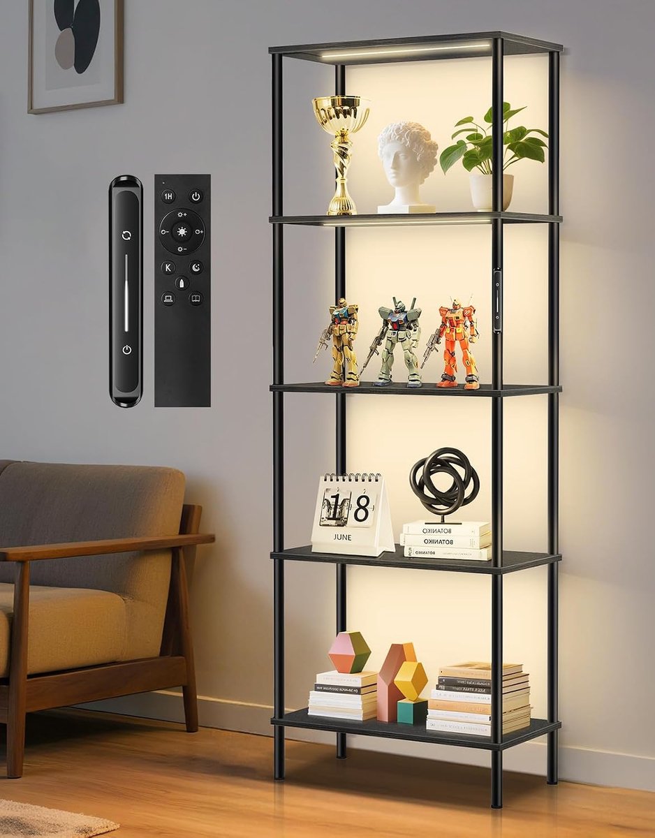 Boekenkast met 5 Lagen en brede 60 cm plank, 60 x 30 x 170 cm, dimbaar met Touch & Afstandsbediening, Timer, Staand Rek met Verlichting voor Woonkamer, Slaapkamer, Kantoor