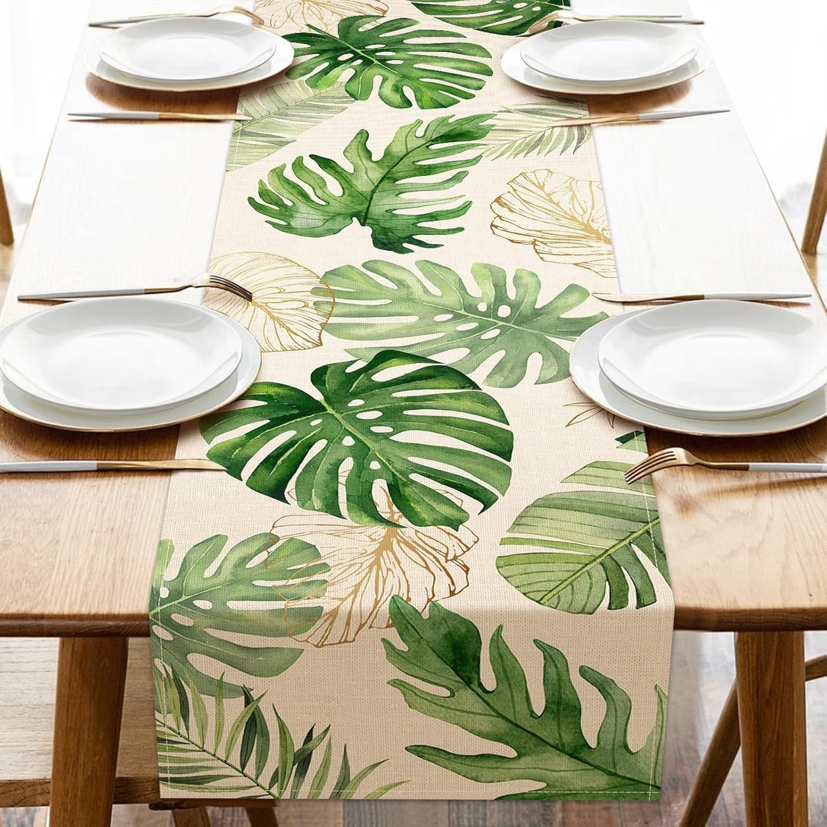 Tafelloper in Hawaï-thema, tropische tafelloper, zomer, palmbladeren, tafeldecoratie voor thuis, keuken en eetkamer