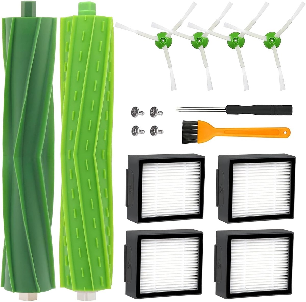 Borstelonderdelen voor iRobot Roomba e/i/j-serie j7 j7+/Plus i7 i7+i3+ i4+ i6+ i8+ E5 E6 E7 Robotstofzuiger, 2 rolborstels voor iRobot reserveonderdelen, 4 randreinigingsborstels, 4 hoogwaardige fil