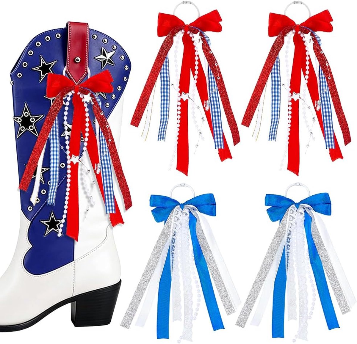 PandaHall 4 stks 2 Stijlen Western Ribbon Martin Boot Bogen, Rood Blauw Wit Onafhankelijkheid Dag Bogen Glitter Parel Kant Cowgirl Laarzen Accessoires Voor Vierde Juli DIY Schoen Geslacht Reveal