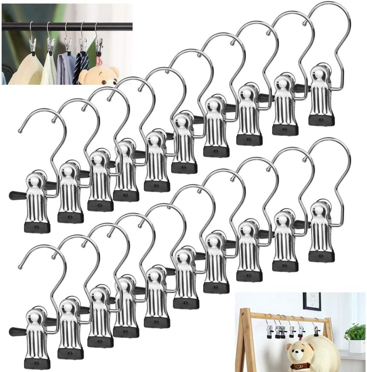 Set van 20 cliphaken, laarshanger, metalen antislip kledinghanger, 360° draaibare clips, broekwashaak, ophanghaken, haringen voor sjaals, hoeden