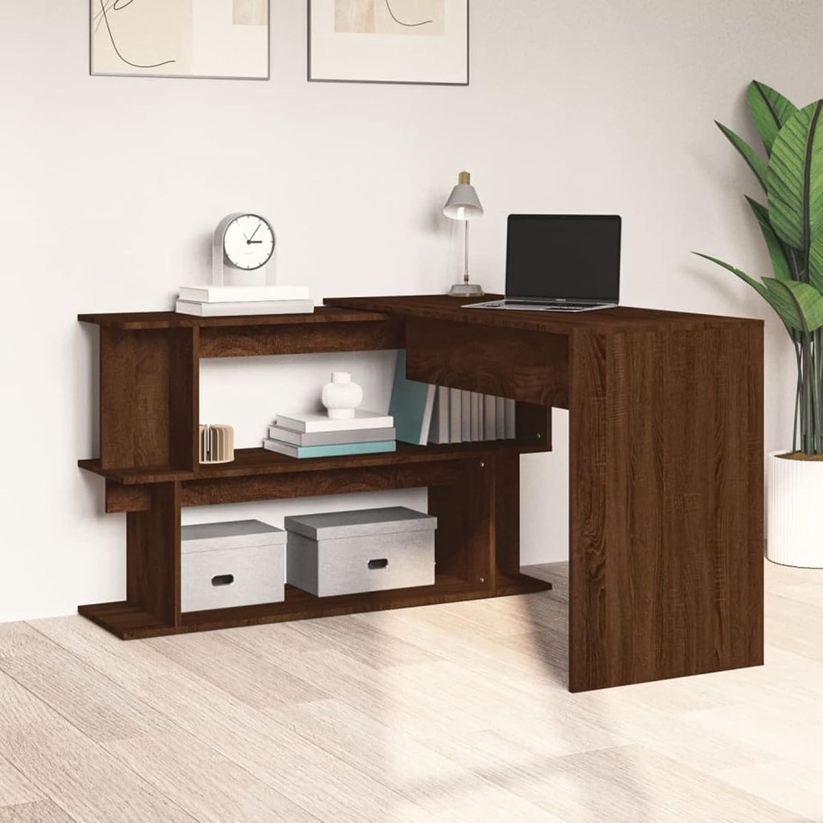 Hoekbureau, werktafel, schooltafel, computertafel, kantoortafel, bijzettafel, kantoortafel, eettafel, kantoormeubel, voor thuiskantoor, woonkamer, bruin eikenlook, 200 x 50 x 76 cm