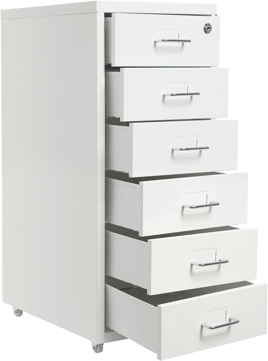 Archiefkast met 6 laden, kantoorkast met wielen, metalen onderkast voor kantoor, werkkamer, wit