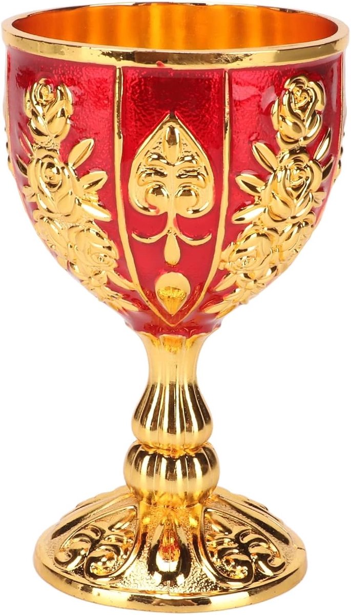 Gouden kelk, gouden vintage kelk met reliëf bloem - middeleeuwse wijnbeker voor feest en banket (goudrod)