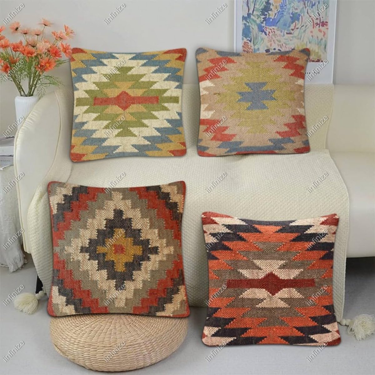 Kussenhoes 45x45 cm - Wol-Jute - Handgeweven Kelim Design - Perfect voor Sofa of Stoel - SnelShoppen