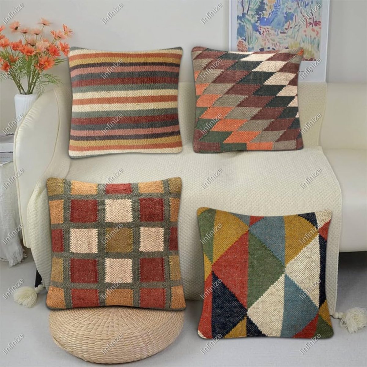 Kussenhoezen 45x45cm - Wol-Jute - Handgeweven Kilim Design - Sfeervolle Sofa Decoratie - SnelShoppen