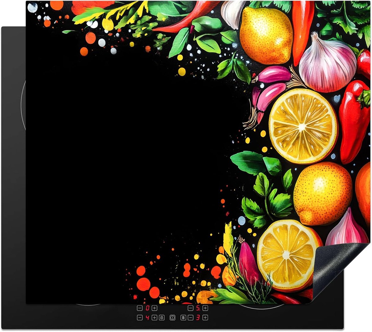 Inductie Beschermer 58x51 cm Keuken Decoratie Kookplaat Beschermer voor Inductiekookplaat Afdekplaat Anti Slip Mat - Citroenen - Peper - Kruiden - Graffiti - Verf - Abstract