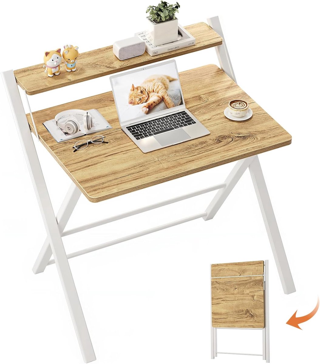 Kleine Vouwtafel 70cm, Vouw Gaming Tafel met 2 Opbergniveaus, Mini Laptop Tafel voor Kleine Ruimtes, Schrijftafel voor Werkstations, Beige