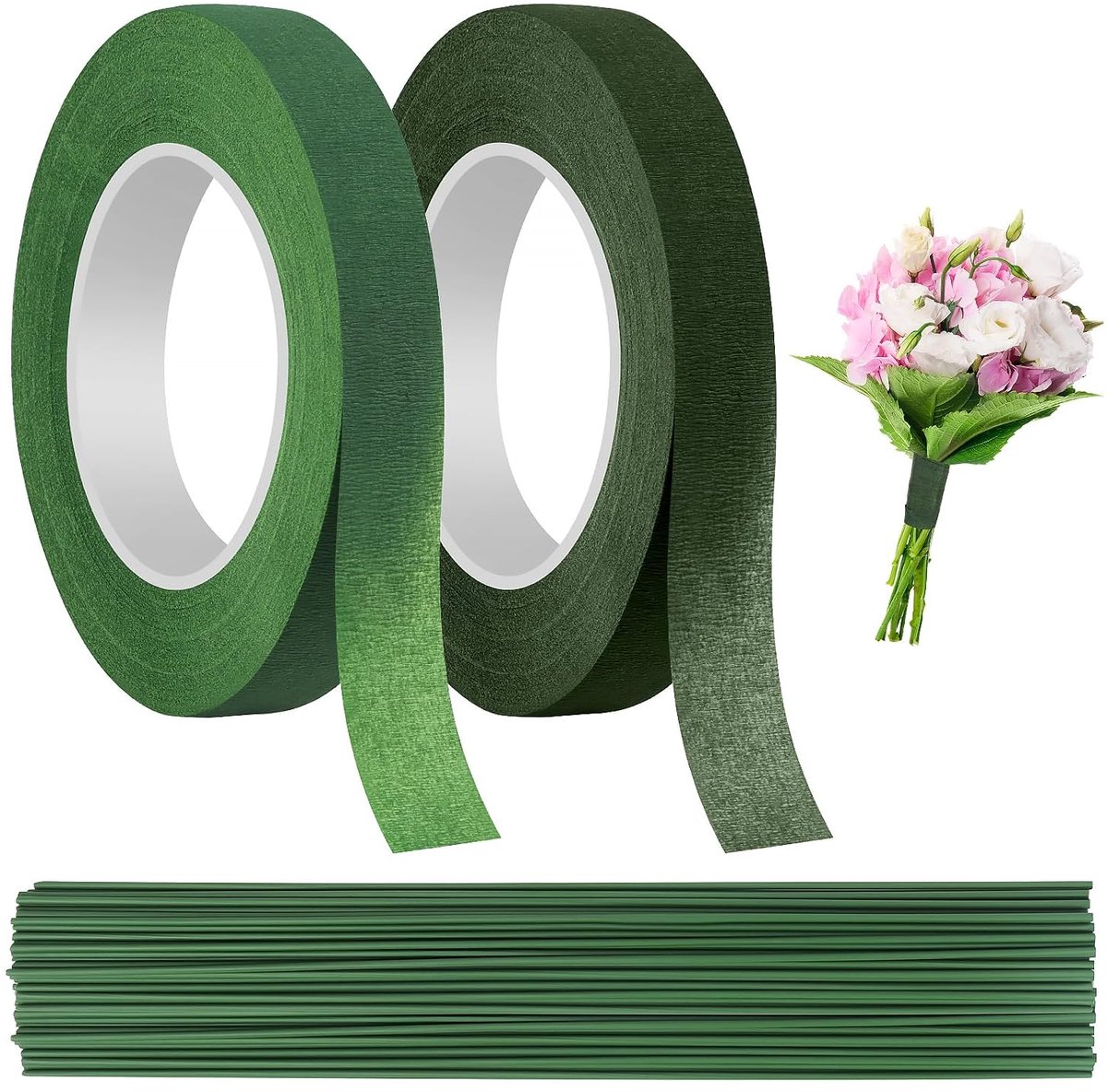 2 stuks crêpe bloemisten groen: waterdicht bloemenlint, crêpe bloemenlint, groen bloemistendraad met 30 cm bloemendraad, voor boeket bloemen doe-het-zelf kunsthandwerk (27 m/rol)
