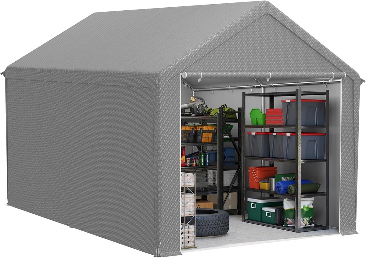 Gereedschapsschuur 12 m³, tuinhuis van PE met afneembare zijwanden, winterbestendig, garagetent, opslagtent, gereedschapsschuur voor tuingereedschap, motorfiets, fiets, grijs