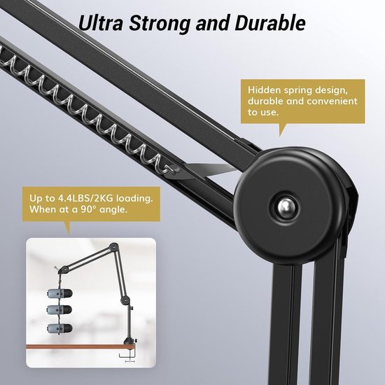 Yeti Microfoon Boom Arm, Tonor Microfono Stand Desk met High Riser voor Shure Rode Razer Elgato, volledig verstelbaar perfect voor podcasts, streaming, gaming, thuiskantoor, opname T50 — afbeelding 3