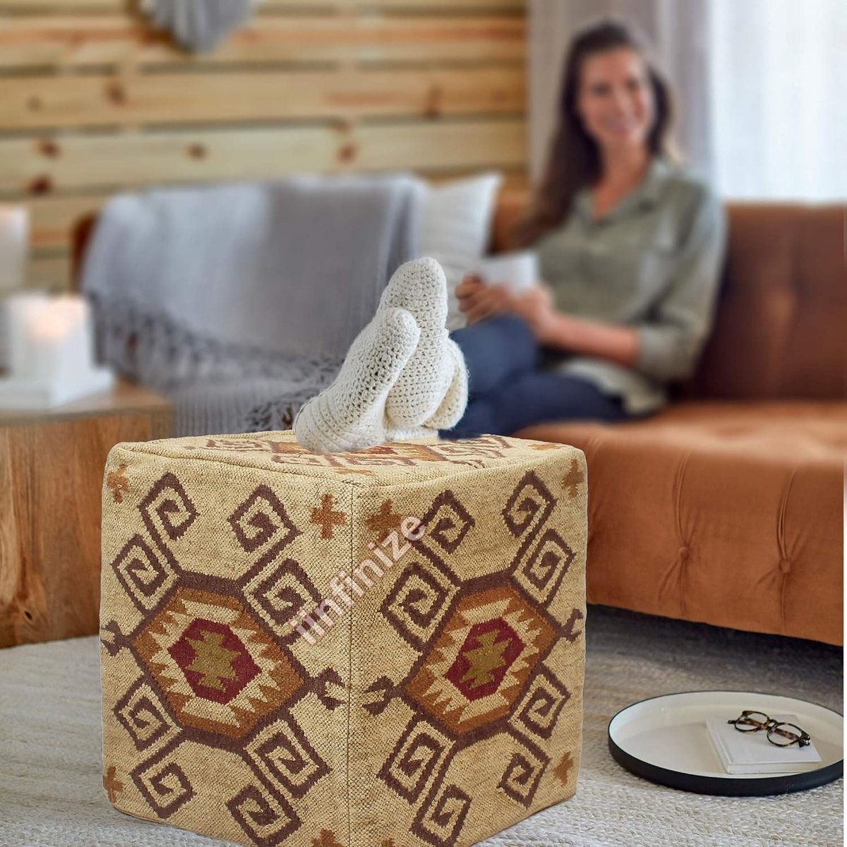 Ottoman pouf cover 18x18 inch - traditionele kilim patroon - decoratieve voetsteun - sfeervolle woonaccessoire - SnelShoppen