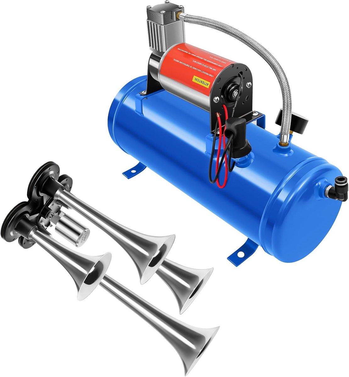 12 V luchtcompressor met 6 liter opslagtank, complete vierbuis persluchthoorn, automatische drukregeling, geschikt voor vrachtwagens, bussen en bedrijfsvoertuigen