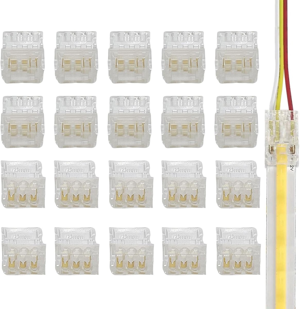 10mm 3Pin 20pcs heldere soldeervrije LED strip met connector, naar draadaansluiting, voor tweekleurige 5V/12V/24V LED strip, geen solderingen nodig, veilige verbinding.