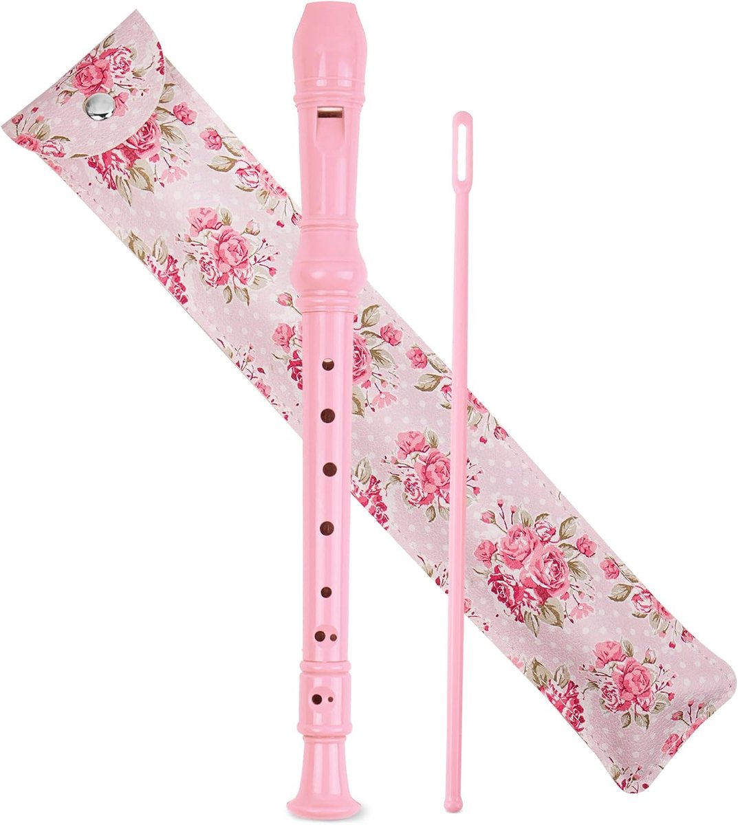 Blokfluit voor kinderen, beginners, sopraan, Duitse grip, 8-gaats fluit voor volwassenen, recorder met etui, reinigingsstift en handleiding (2 roze roze)
