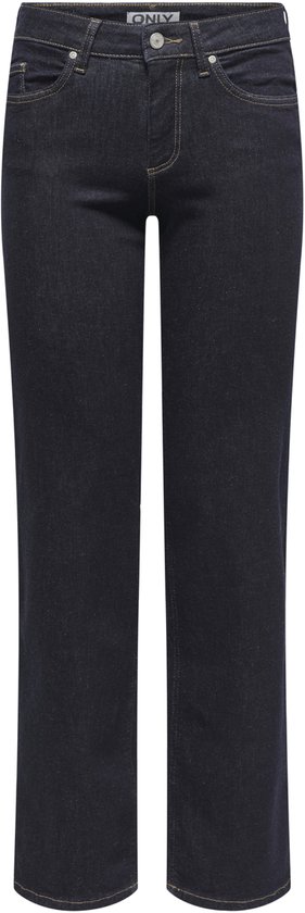 Donkerblauwe denim jeans van ONLY met gele stiksels en rechte pijpen.