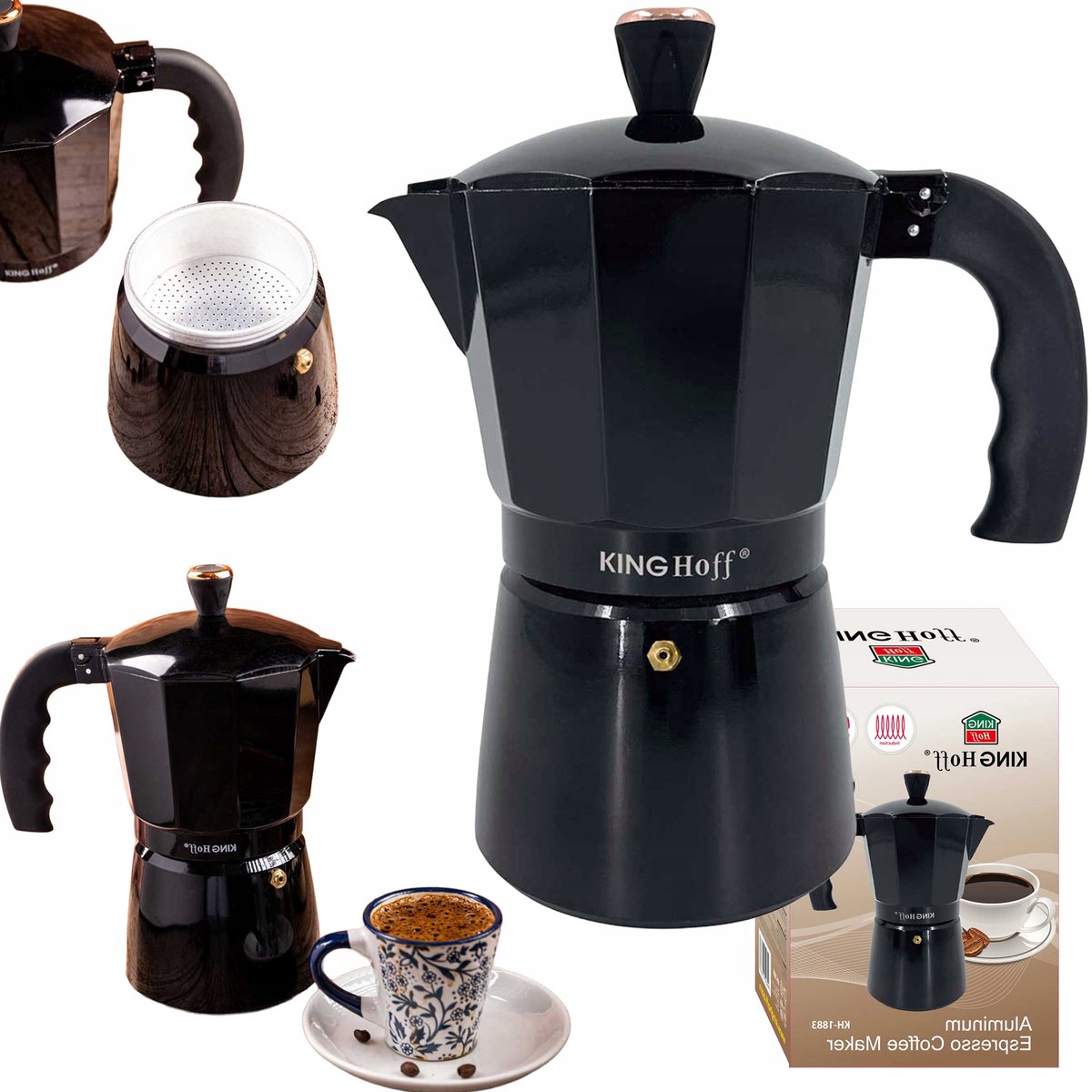 Aluminium Koffiezetapparaat Moka Pot - 300ml, 6 Kopjes, Zwart
