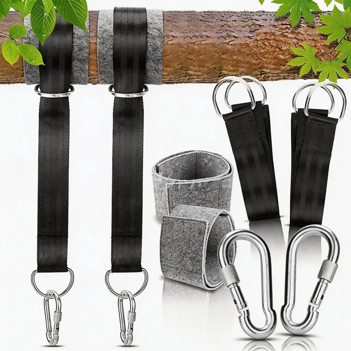 Buitenschommelset, accessoires Geschikt voor boomschommel, ophangsysteem Geschikt voor hangmat, boomschommel (afGeschikt vooringen 150 cm x 5 cm), karabijnhaak, D-ring, opbergtas