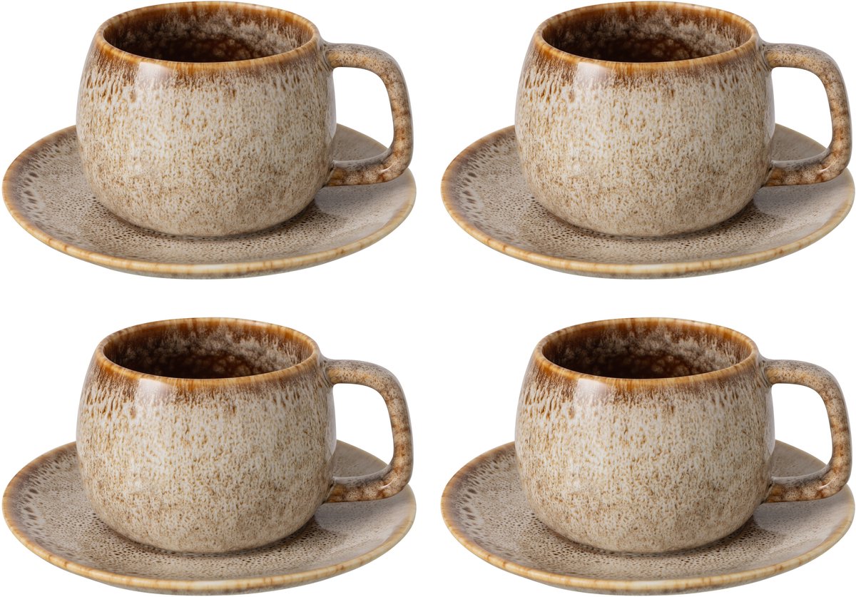 J-Line kopje + schoteltje - porselein - taupe - 4 stuks