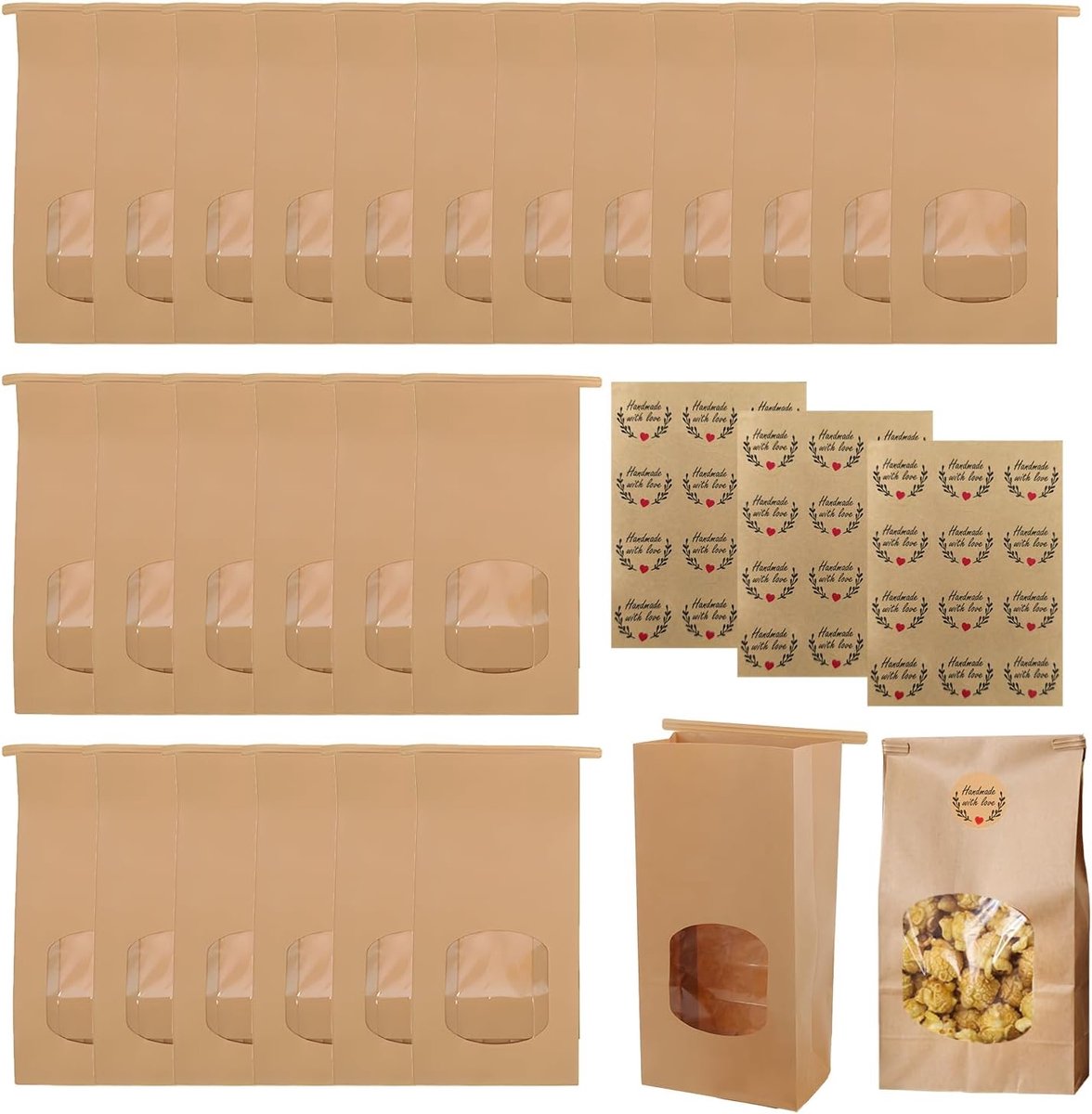 Kraft papieren zakken met venster - 25 stuks - 17 x 9 x 6 cm - ideaal voor gebak of geschenken - ShopVlot