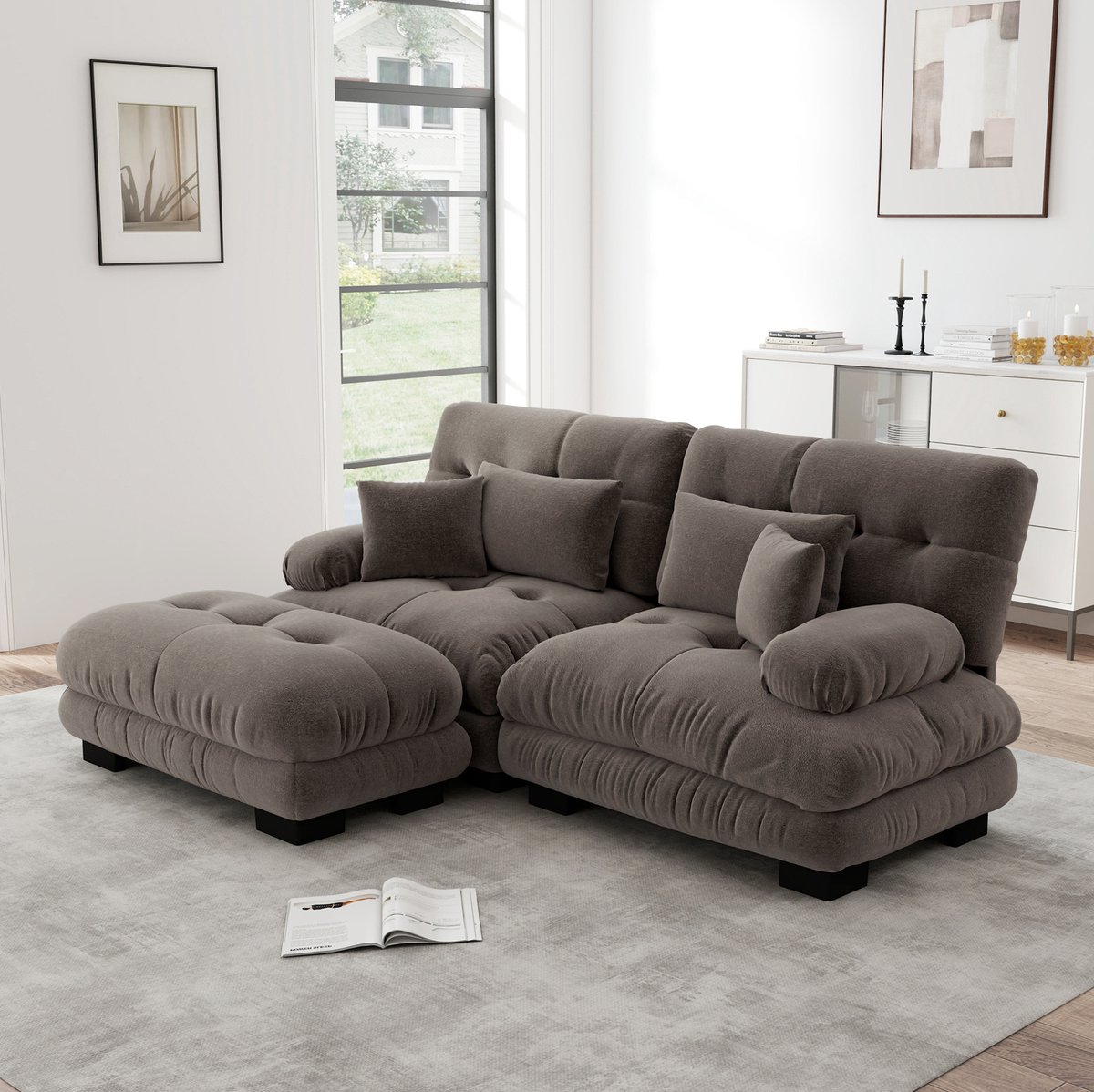 MEUNIQ Hoekbank in chenille, 220 x 145 x 81 cm, modulair ontwerp met verplaatsbare ottoman, 2 lendenkussens en 2 sierkussens, voor de woonkamer, bruin