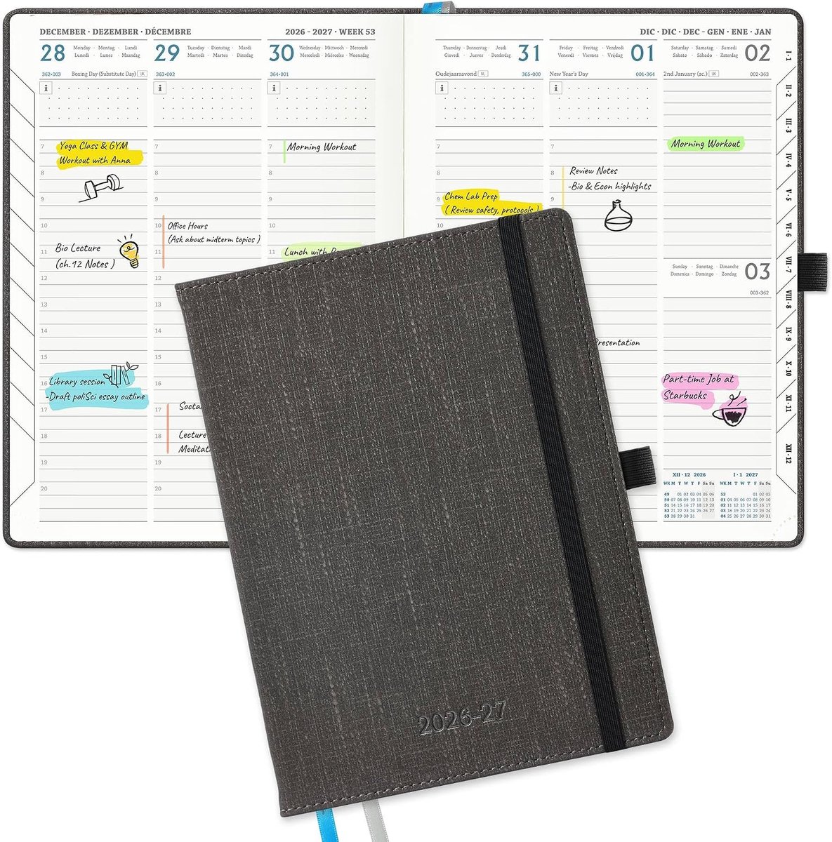 SnelShoppen - Agenda 2026 2027 A5 Weekly Planner - Luxe PU Leer, 18 Maanden Verticale Kalender, 21.8 x 16.2 cm, Grijs, Ideaal voor School en Werk