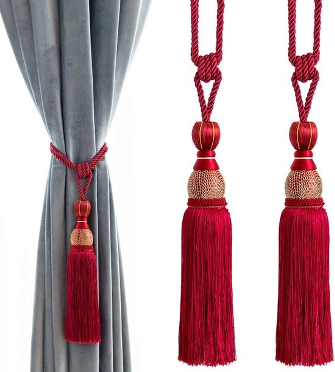 Decoratieve gordijnbanden, bolvormige kwastjes, gordijnsluitingen voor thuis, kantoorramen, gevlochten gespen, franjekoorden, set van 2 (rood)