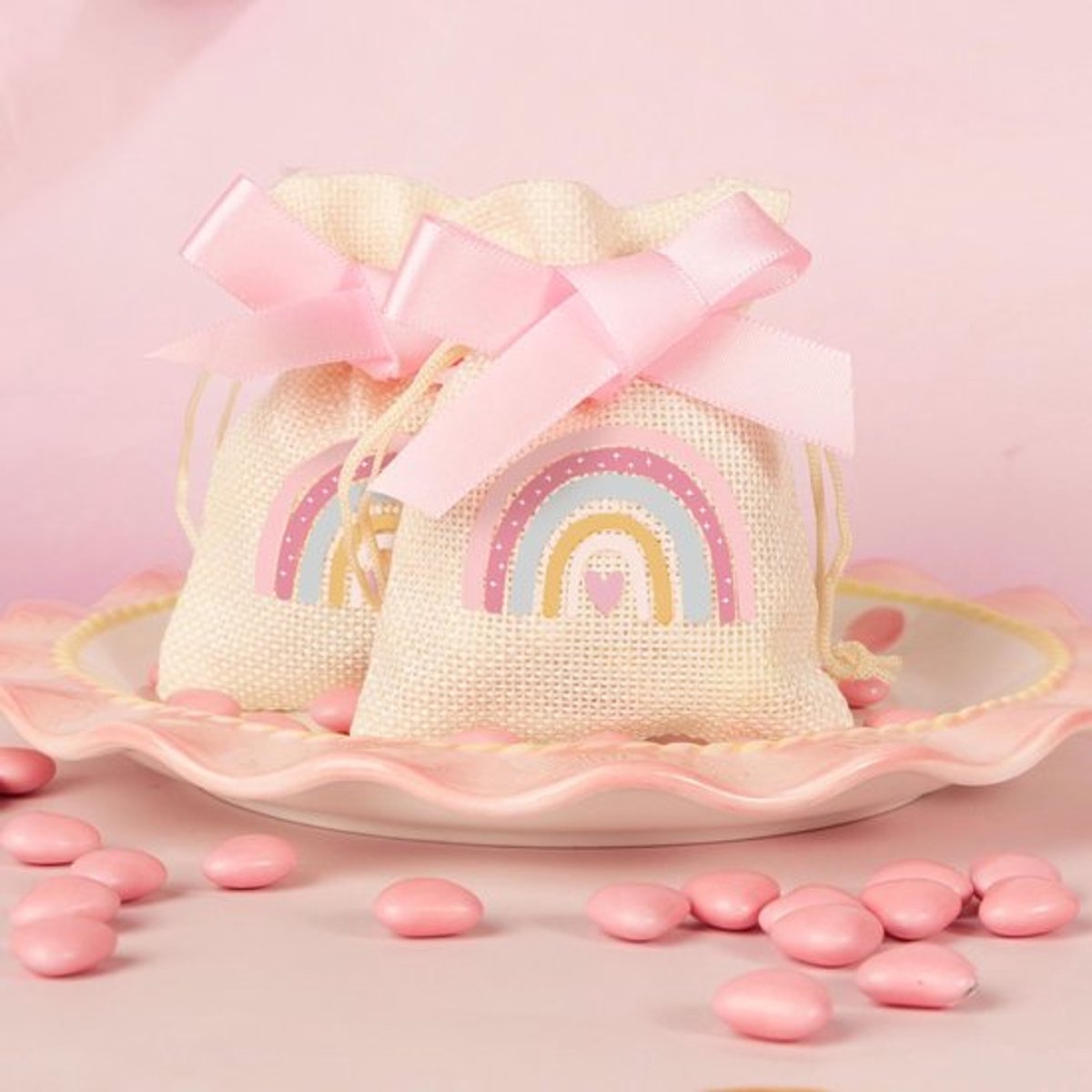 Hangende Snoepzakjes voor Doop, Geboorte, Eerste Verjaardag, Gastcadeaus voor Meisjes, Regenboog Boho Roze Decoratie, Communie, Bevestiging, Feest, Meisjes, Verpakking van 20