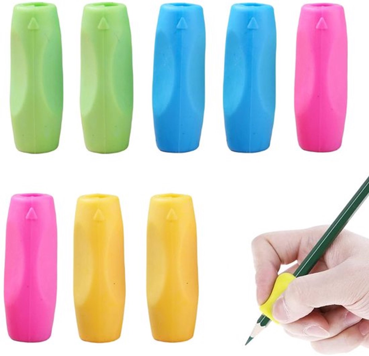8x Vingergrip Schrijfhulp - Pennen- en potloodgrips - Potloodgrip - Schrijfhulpje - Potloodgrip - Pengrip - Pengreep - Penhouder - Schrijfhulpmiddelen - Ergonomische - Vingercorrectie - Voor kinderen voor linkshandigen of rechtshandigen - 4 Kleuren