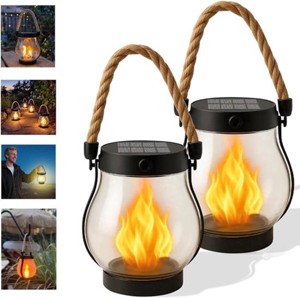 2-delige Solar Lantaarn Buitenverlichting - 12×13cm - Solar Lantaarn Buitenverlichting - Hennep Touw Vlam Lantaarns - Geschikt voor Camping, Terrassen, Tuinen, Patio's, Veranda's, Tuindecoraties - Zwart