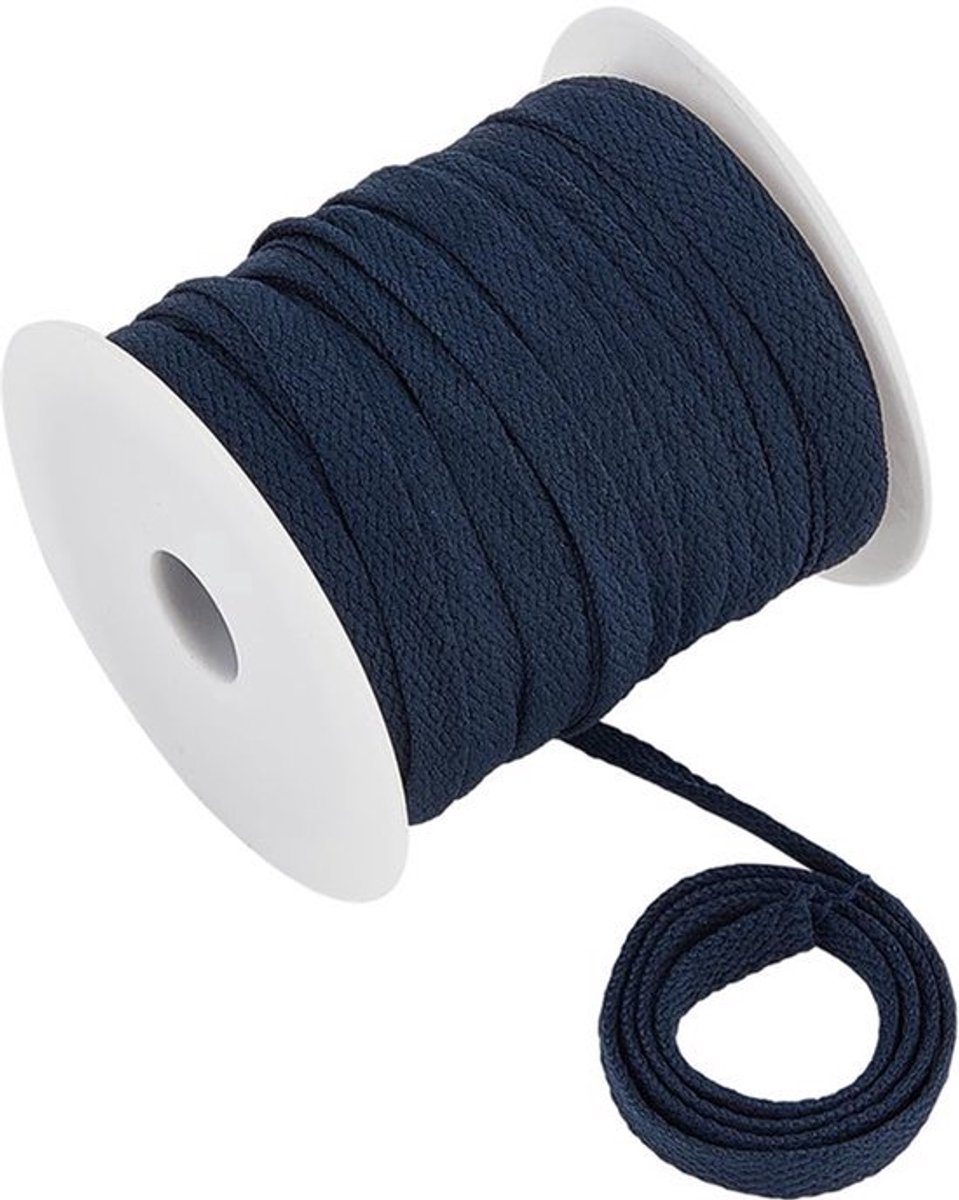 Platte Trekkoord Touw 25m - 8mm Breed - Zacht Zwart Katoen met Plastic Spoel