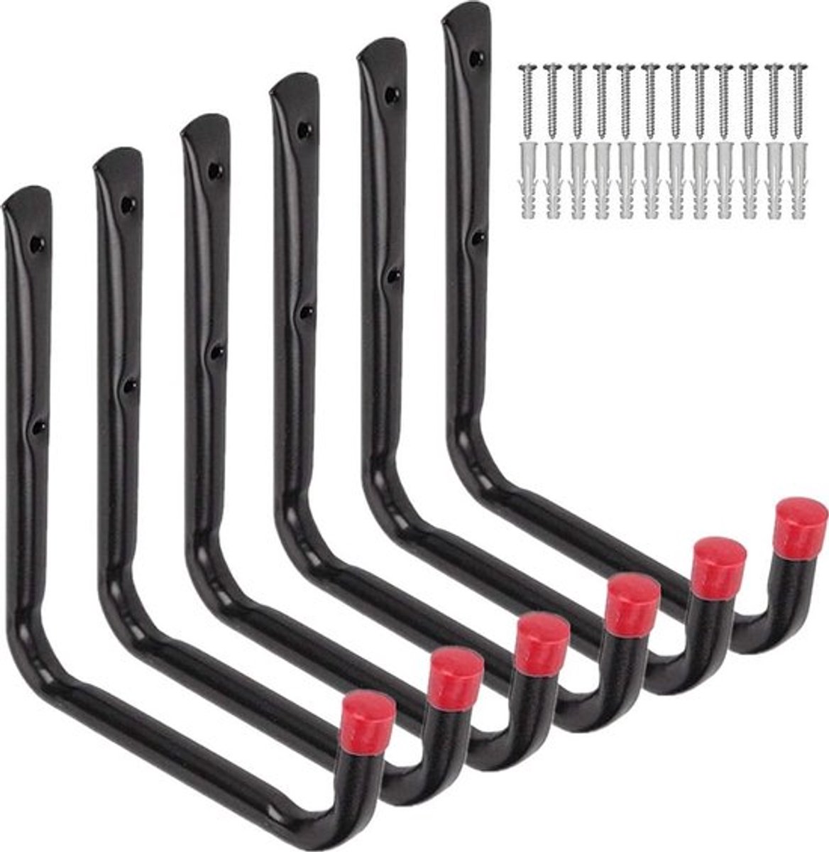 6 stuks - Ophanghaken - garage-ophanghaak - ijzer - 5.7 x 7.8 inch - zwart en rood - Inclusief schroeven - voor ladder, stoelen, tuingereedschap, slang, fiets
