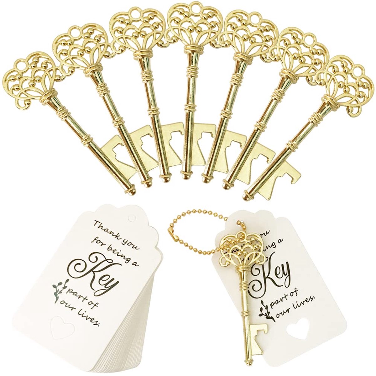 SnelShoppen - 60 stuks vintage skelet sleutel flesopeners, huwelijksgeschenken, metalen opener met escortkaartlabel en sleutelhangers, gouden bruiloft