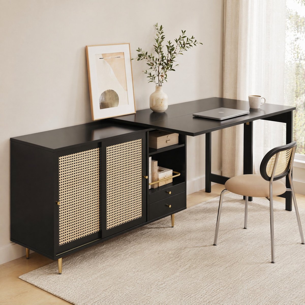 COVREO Dressoir 107 x 40 x 71,4 cm zwart MDF met 360 graden draaibaar en uitschuifbaar blad