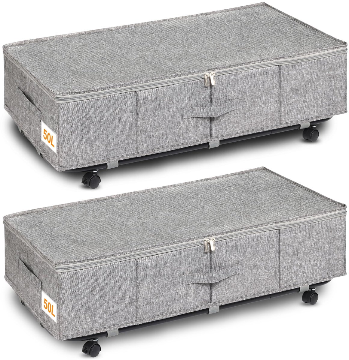 SnelShoppen - Onderbed opslag 50L - 2 Opvouwbare Opbergdozen met Wielen - Kleding, Dekbedden en Meer - Metalen Bodemsteun en Ritssluiting
