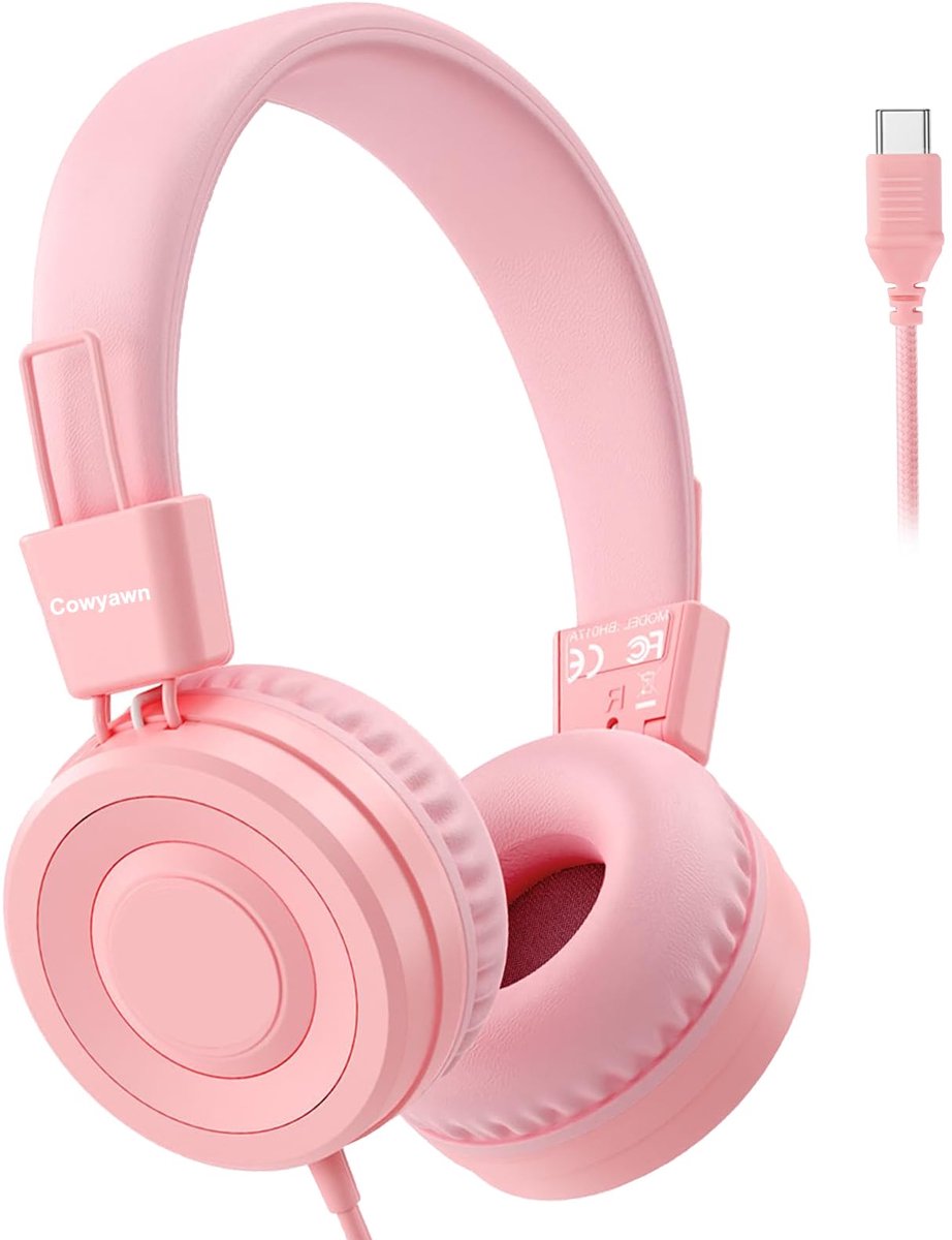 SnelShoppen - Cowyawn Kinderhoofdtelefoon Roze, USB Type C Bedrade On-Ear Hoofdtelefoon met 94dB Volumelimiet voor Kinderen, Peuters, Tieners, School