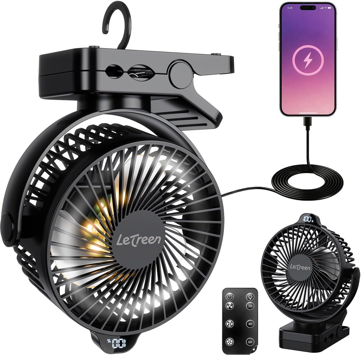 SnelShoppen - LETREEN USB-Ventilator 15000 mAh Mini-Tafelventilator Stil Klemventilator 3 Snelheden LED-Licht 360 Graden Draaibaar Draagbare Ventilato