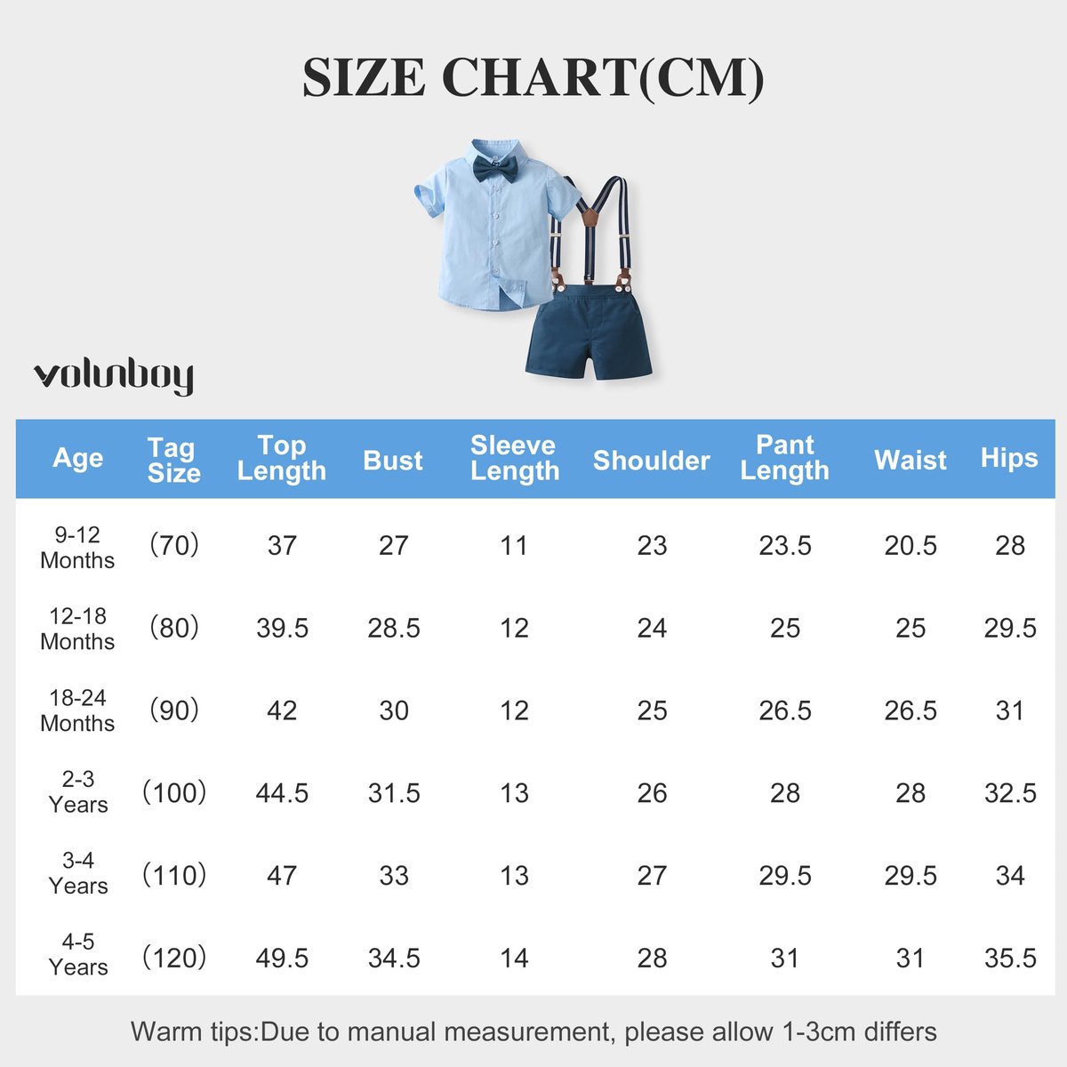 SnelShoppen - Volunboy Babypak voor jongens, kortemouw hemd met vlinderdas + bretels shorts romper zomer kledingset, marineblauw, 12-18 maanden, perfe